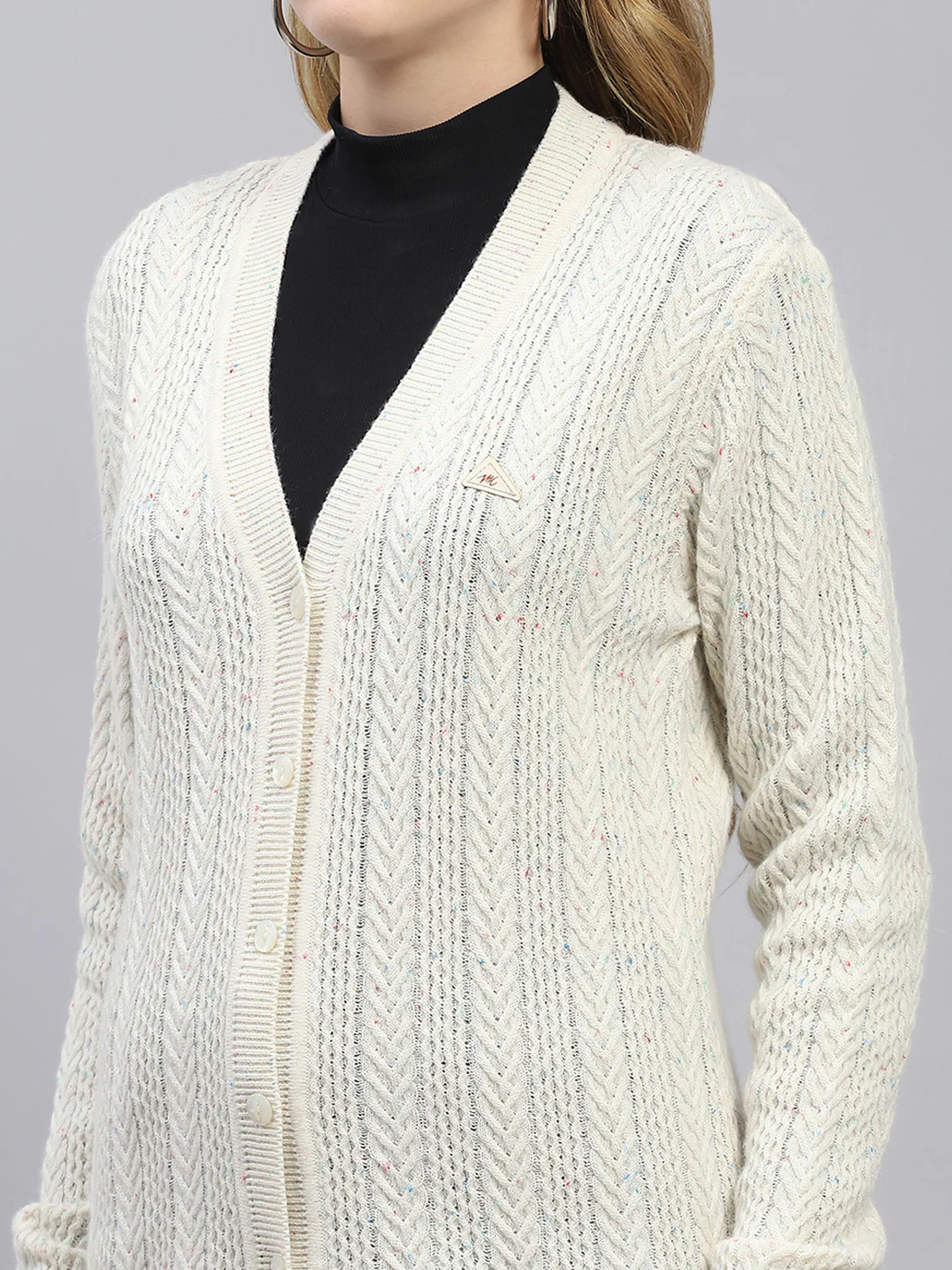 Women Off White Self Design V Neck Full Sleeve Cardigan - Image 6