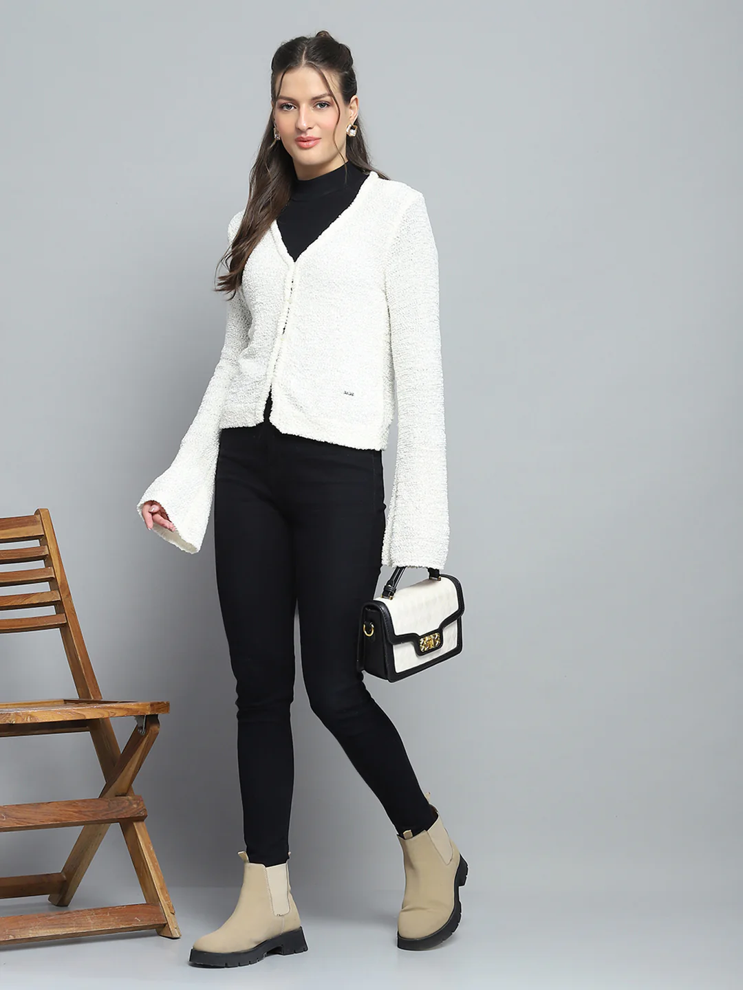 Women Off White Self Design V Neck Full Sleeve Cardigan - Image 2