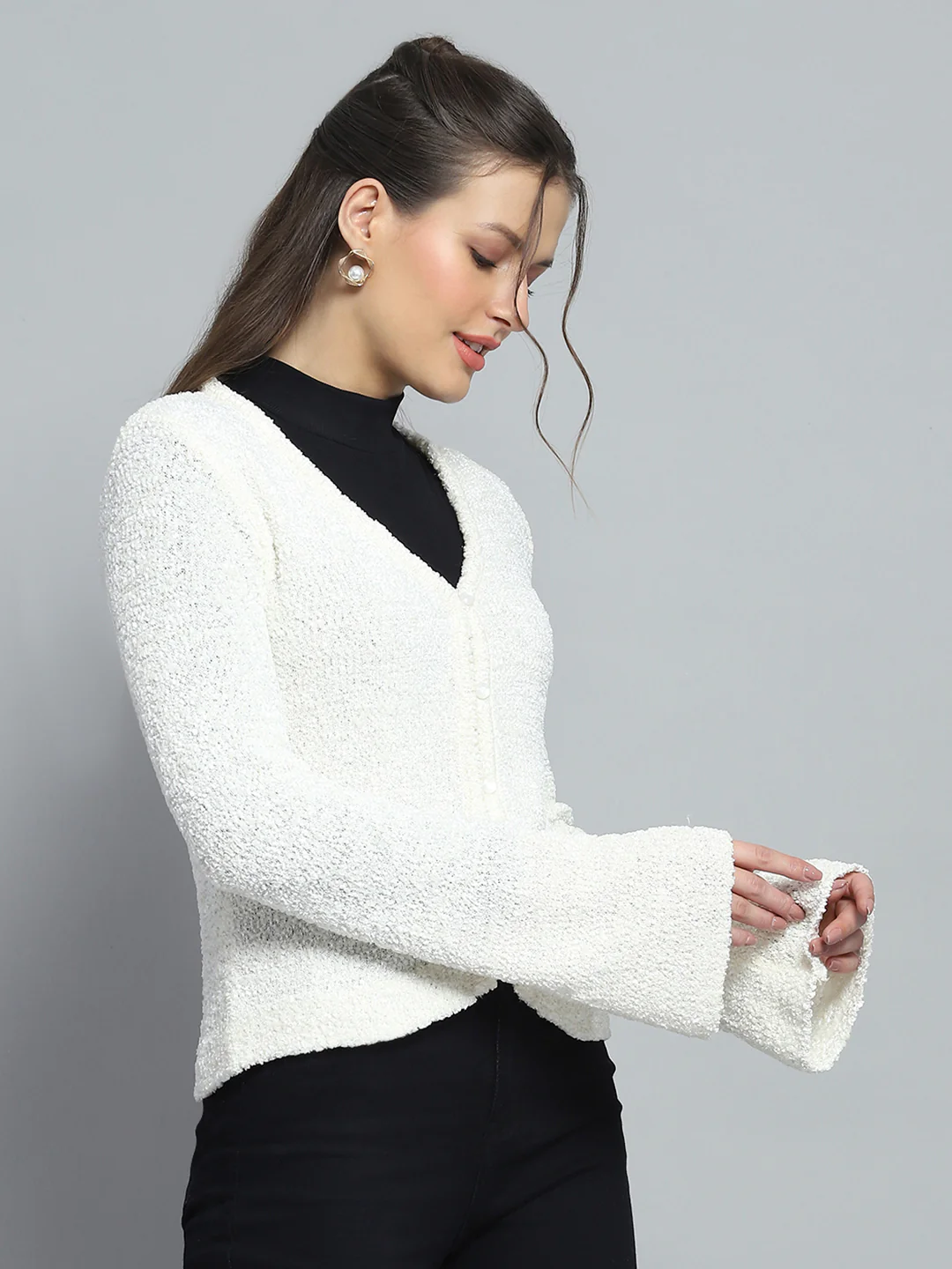 Women Off White Self Design V Neck Full Sleeve Cardigan - Image 4