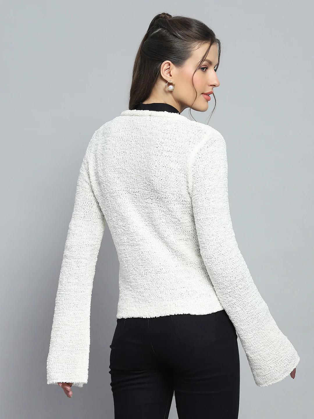 Women Off White Self Design V Neck Full Sleeve Cardigan - Image 5