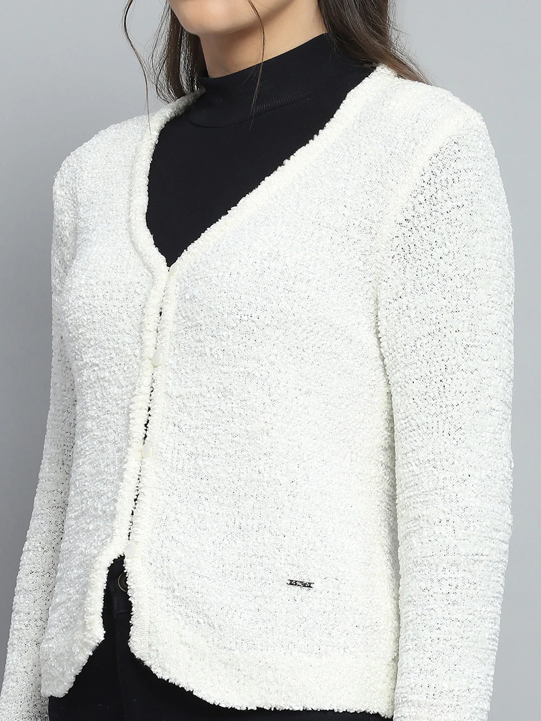 Women Off White Self Design V Neck Full Sleeve Cardigan - Image 6