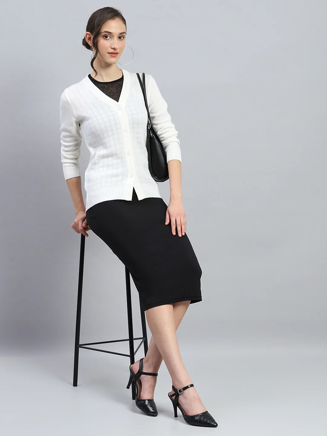 Women Off White Self Design V Neck Full Sleeve Cardigan - Image 2