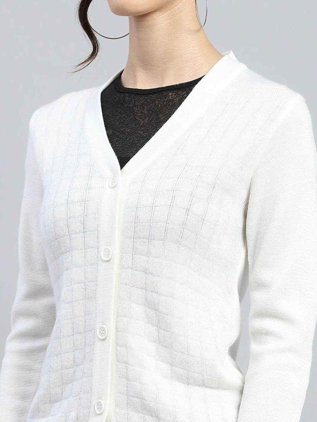 Women Off White Self Design V Neck Full Sleeve Cardigan - Image 6