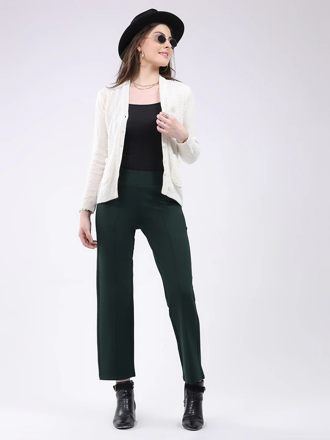 Women Off White Self Design V Neck Full Sleeve Cardigan - Image 2