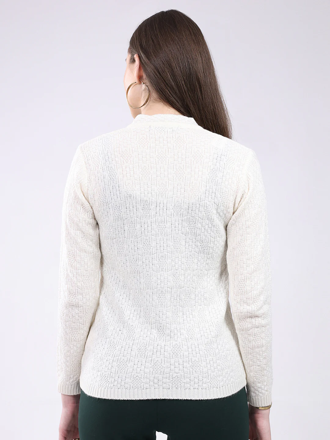 Women Off White Self Design V Neck Full Sleeve Cardigan - Image 5