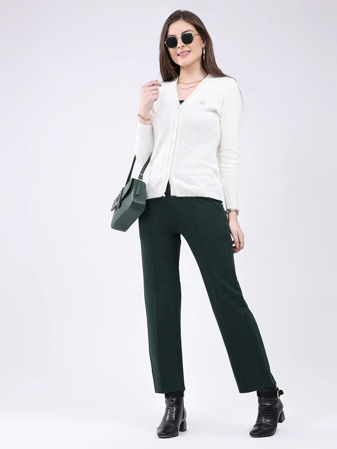 Women Off White Self Design V Neck Full Sleeve Cardigan - Image 2