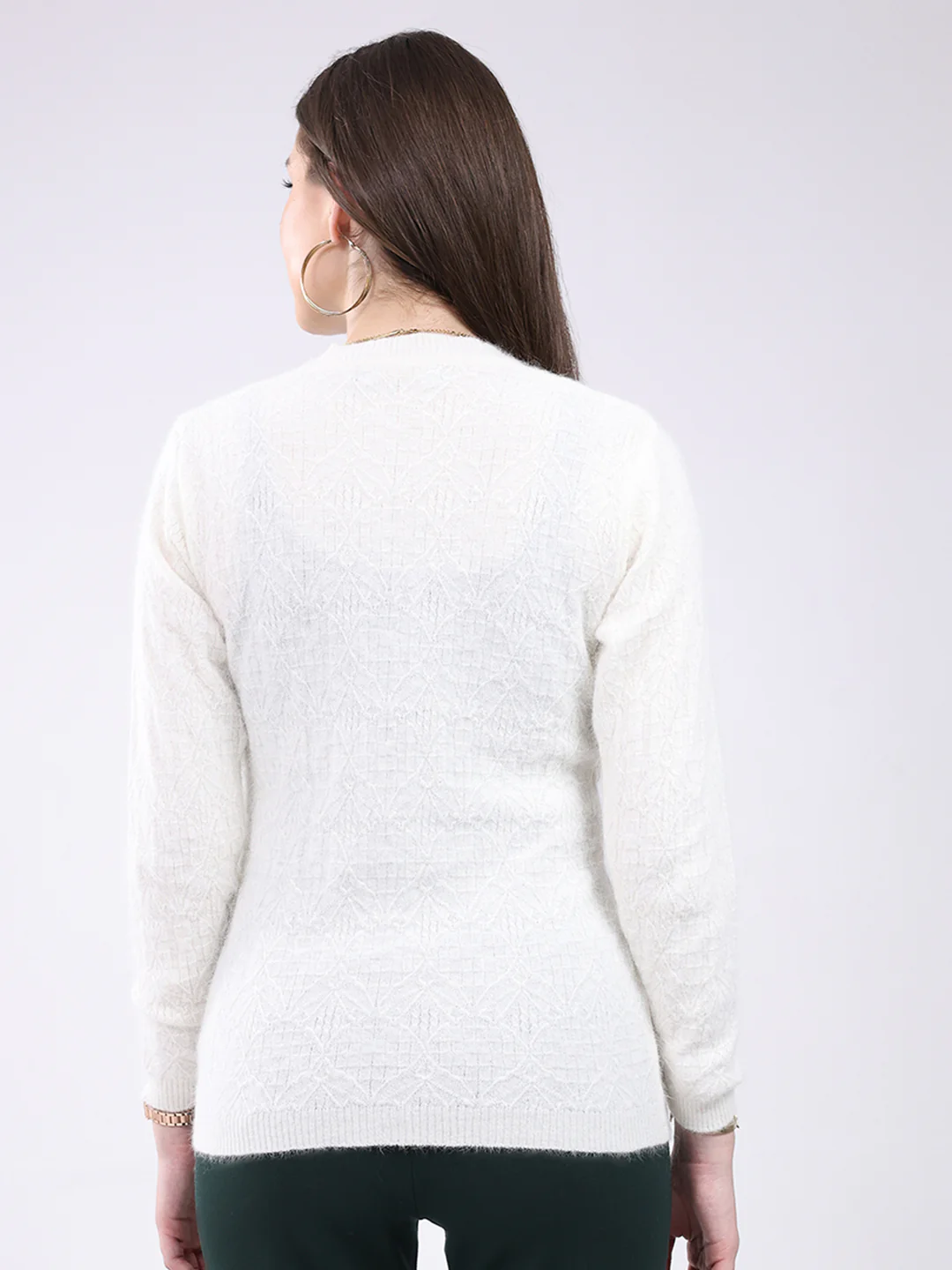 Women Off White Self Design V Neck Full Sleeve Cardigan - Image 5