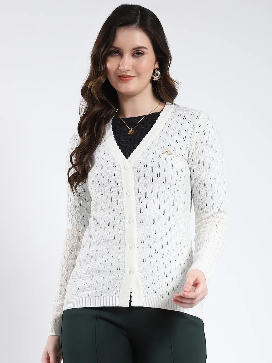 Women Off White Self Design V Neck Full Sleeve Cardigan