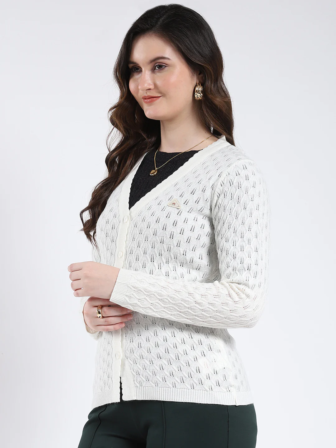 Women Off White Self Design V Neck Full Sleeve Cardigan - Image 3