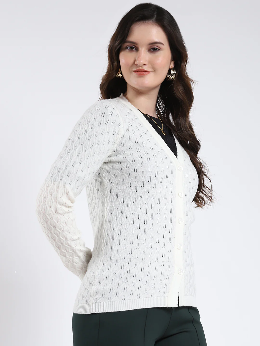 Women Off White Self Design V Neck Full Sleeve Cardigan - Image 4