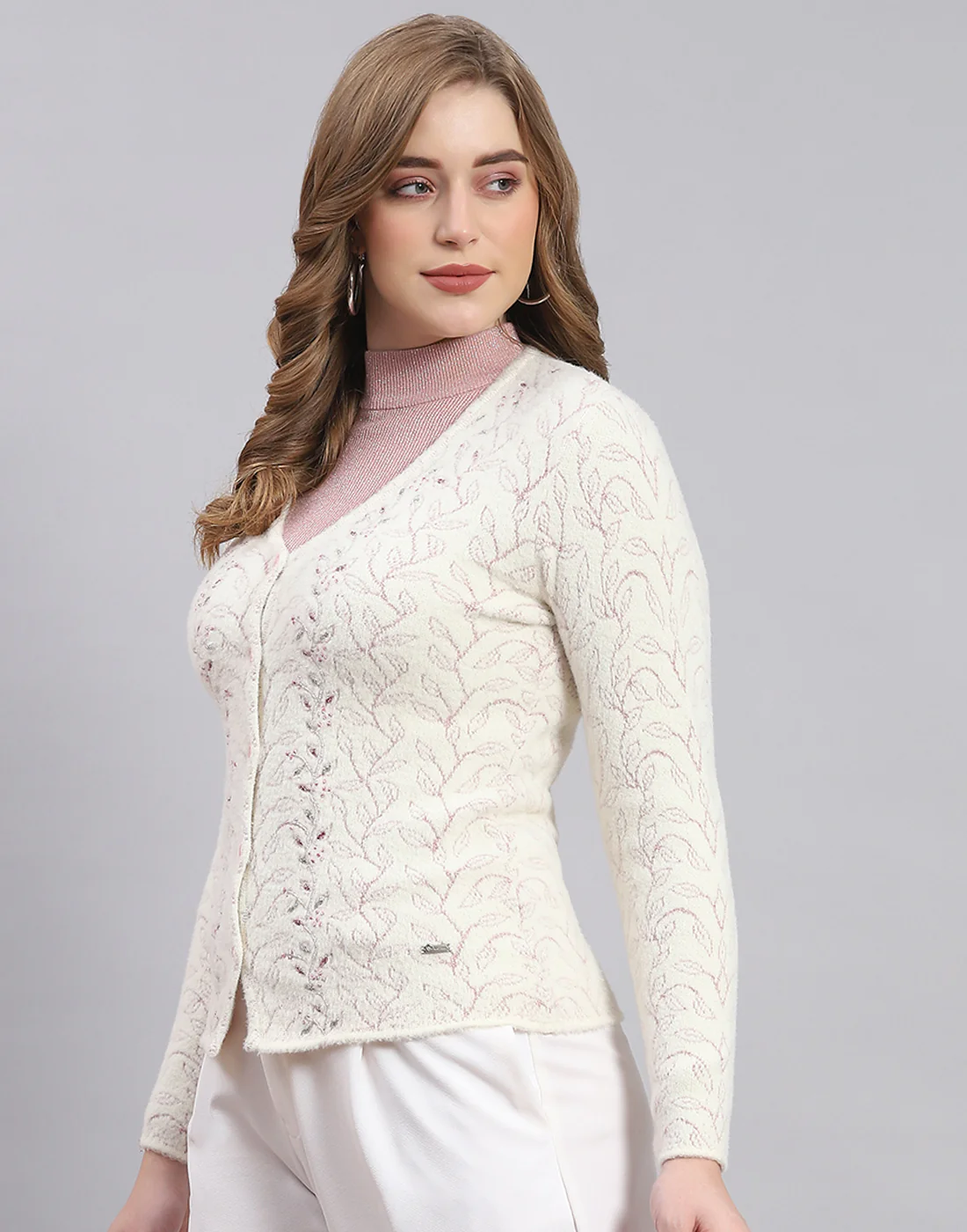 Women Off White Self Design V Neck Full Sleeve Sweater - Image 3