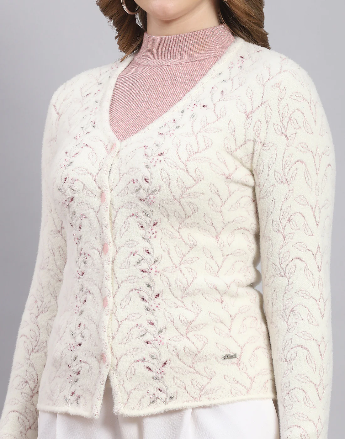 Women Off White Self Design V Neck Full Sleeve Sweater - Image 7