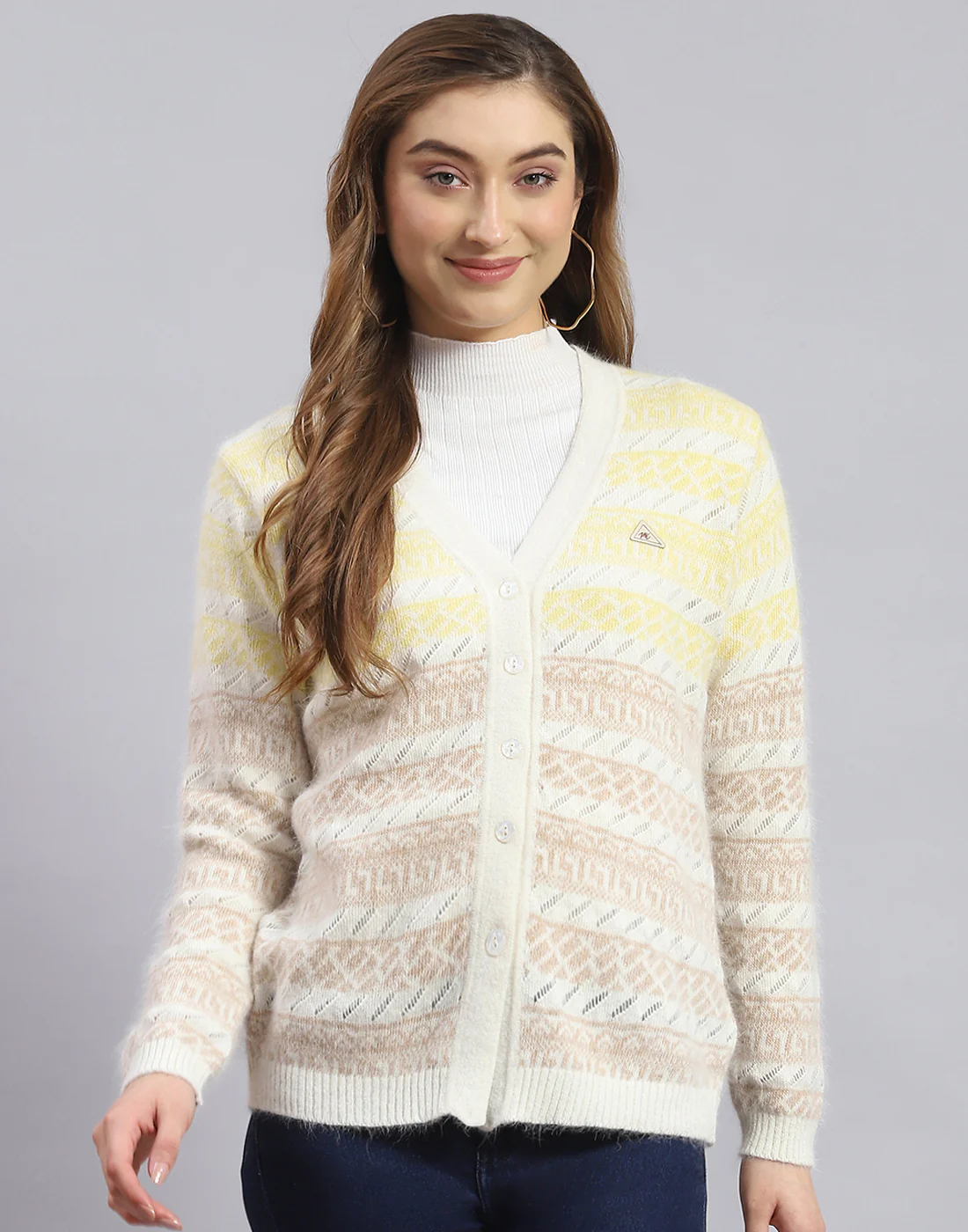 Women Off White Self Design V Neck Full Sleeve Sweater - Image 2