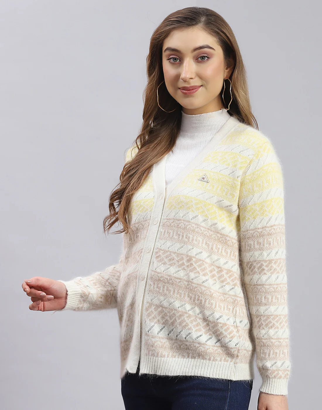 Women Off White Self Design V Neck Full Sleeve Sweater - Image 3