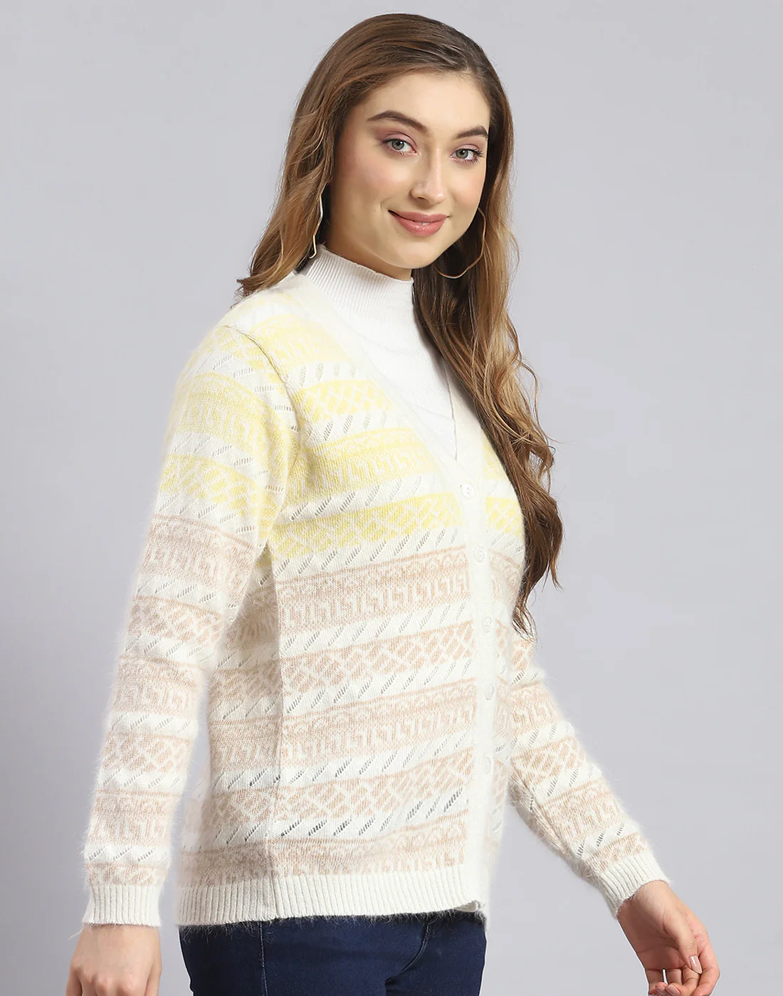 Women Off White Self Design V Neck Full Sleeve Sweater - Image 4