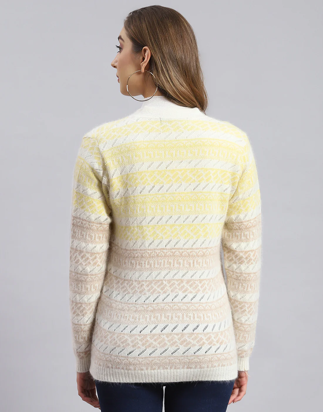 Women Off White Self Design V Neck Full Sleeve Sweater - Image 5