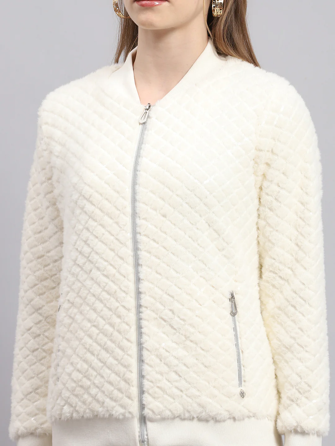 Women Off White Self Design V Neck Full Sleeve Sweatshirt - Image 6