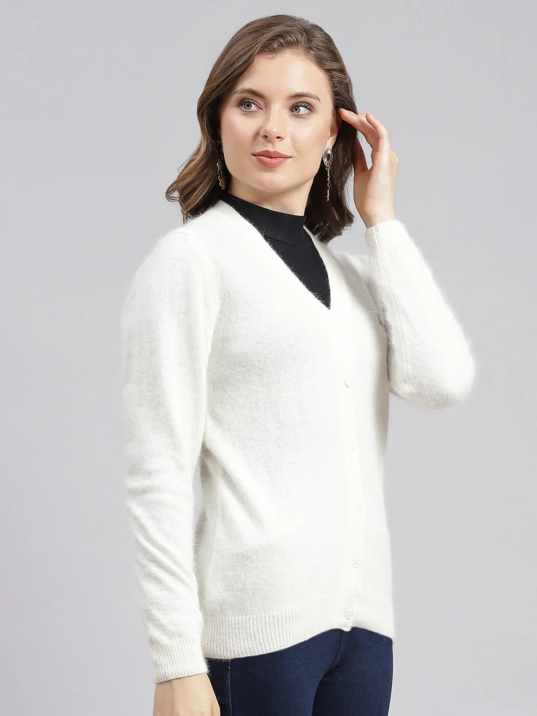 Women Off White Solid Angoora Cardigan - Image 4