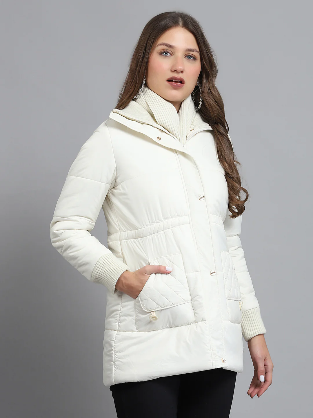 Women Off White Solid Collar Full Sleeve Jacket - Image 4