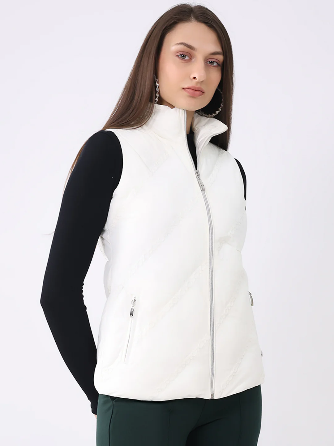 Women Off White Solid Collar Sleeveless Jacket - Image 4