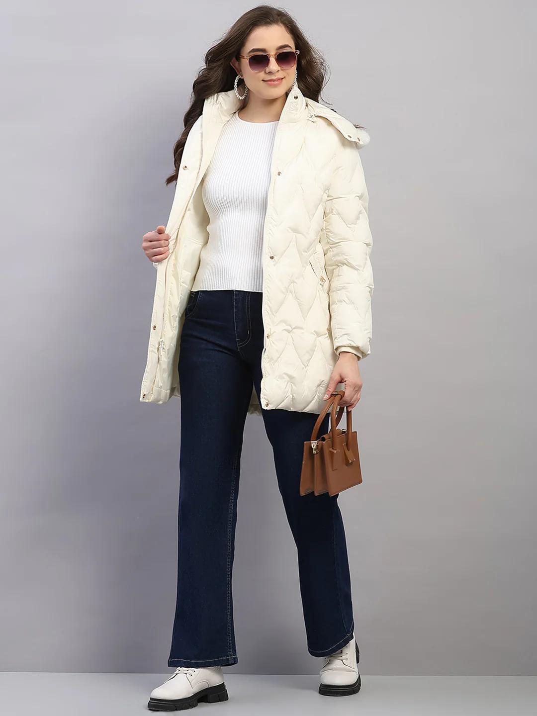 Women Off White Solid Hooded Full Sleeve Jacket - Image 2