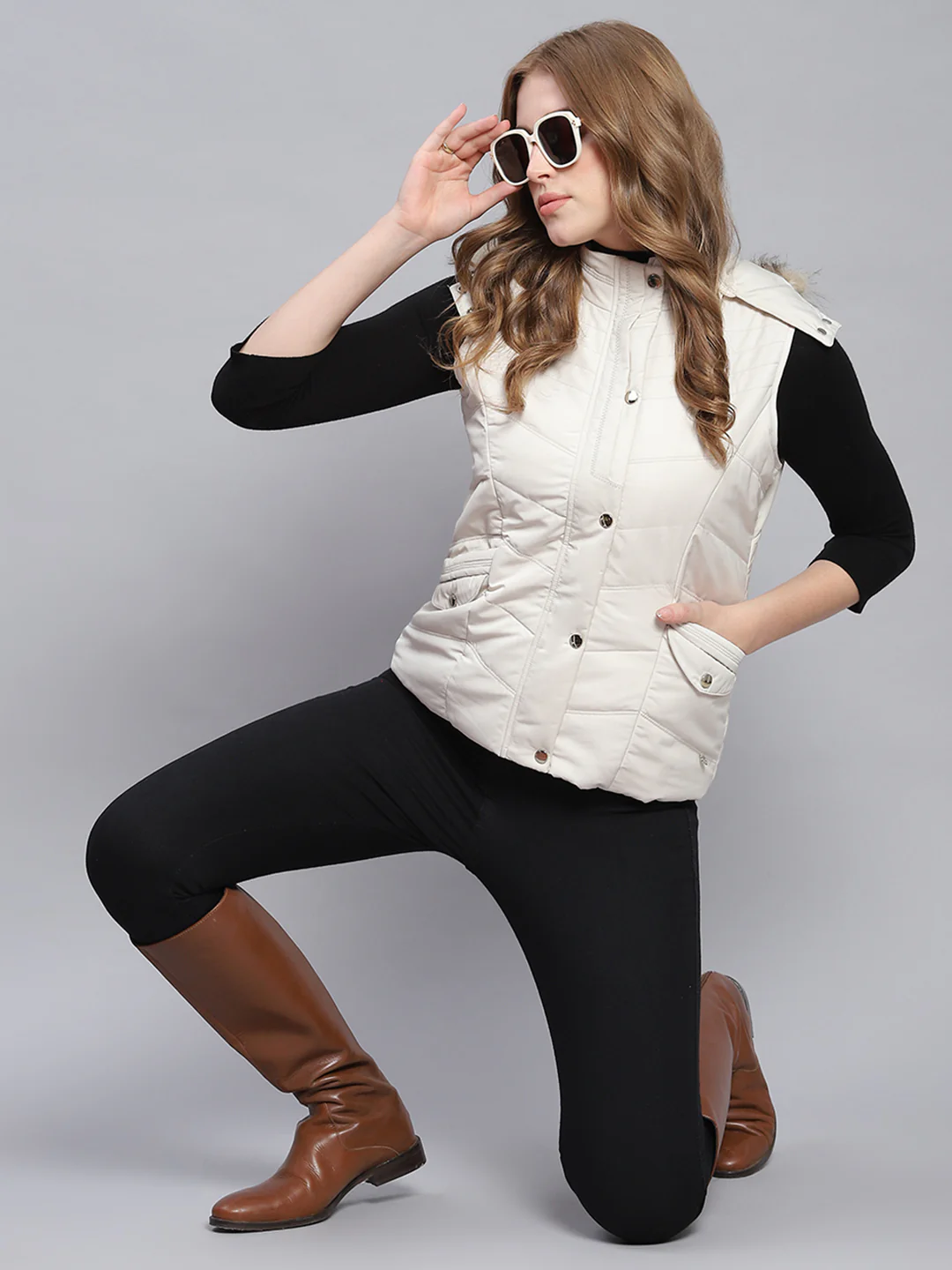 Women Off White Solid Hooded Sleeveless Jackets - Image 2