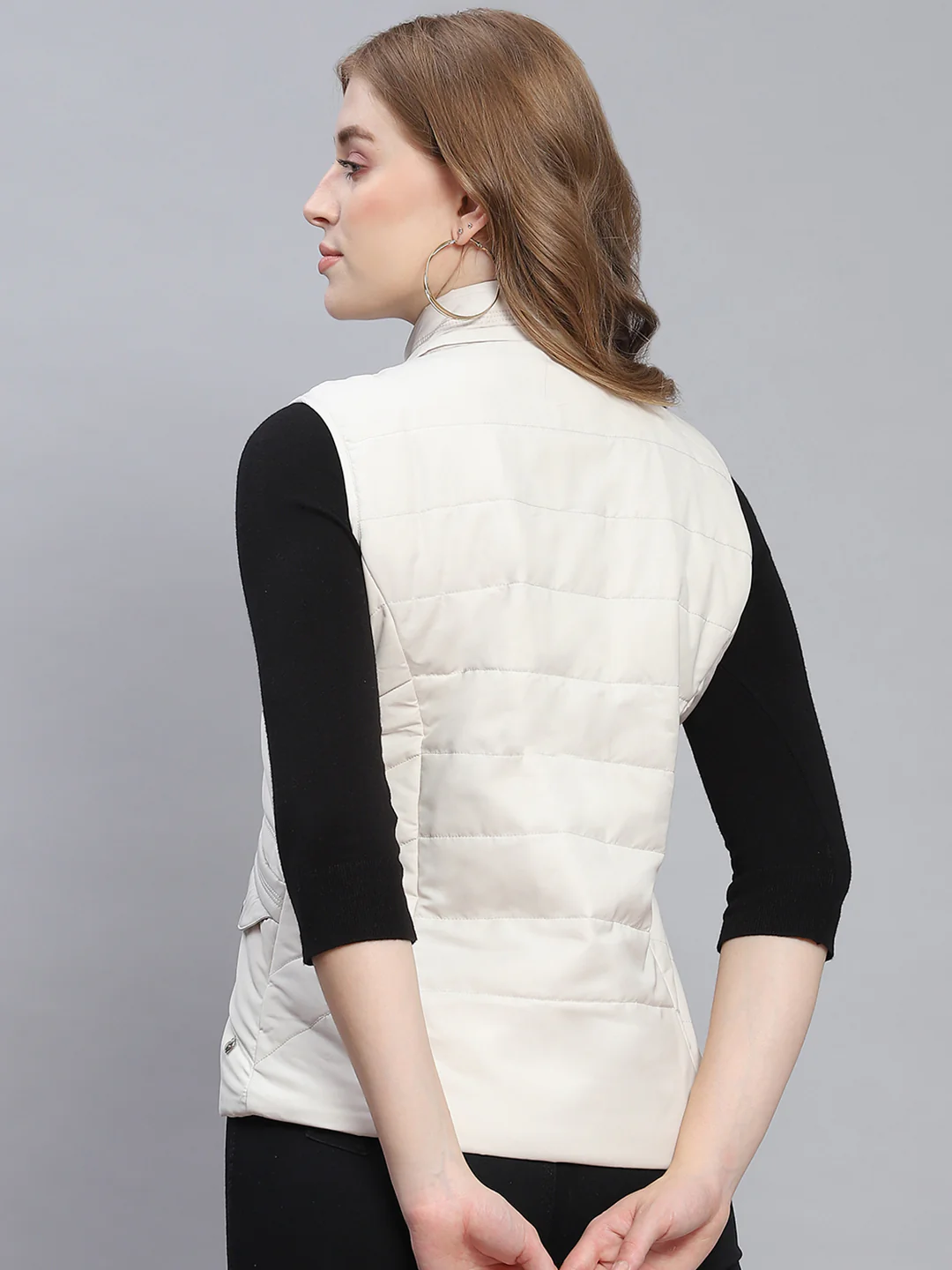 Women Off White Solid Hooded Sleeveless Jackets - Image 6