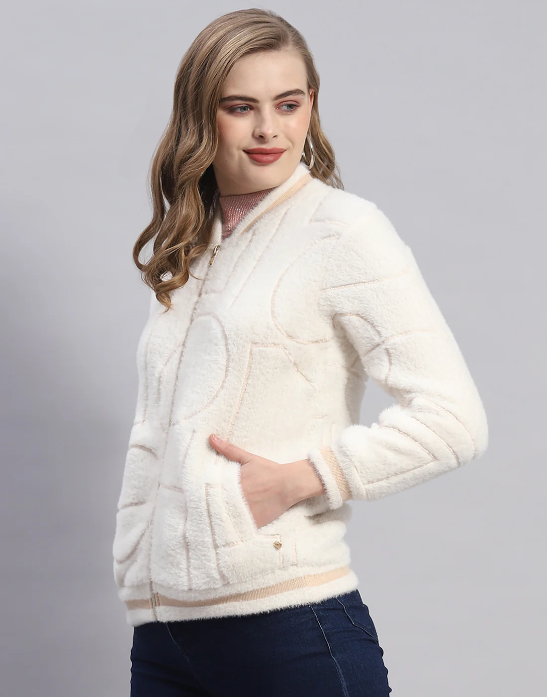 Women Off White Solid Mandarin Collar Full Sleeve Sweatshirt - Image 3