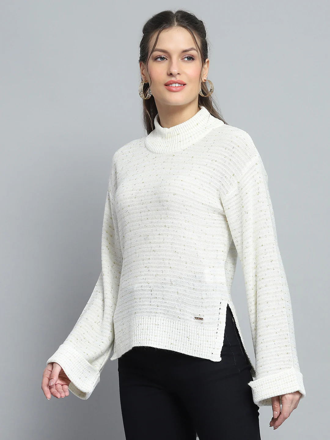 Women Off White Solid Mock Neck Full Sleeve Winte Top - Image 3