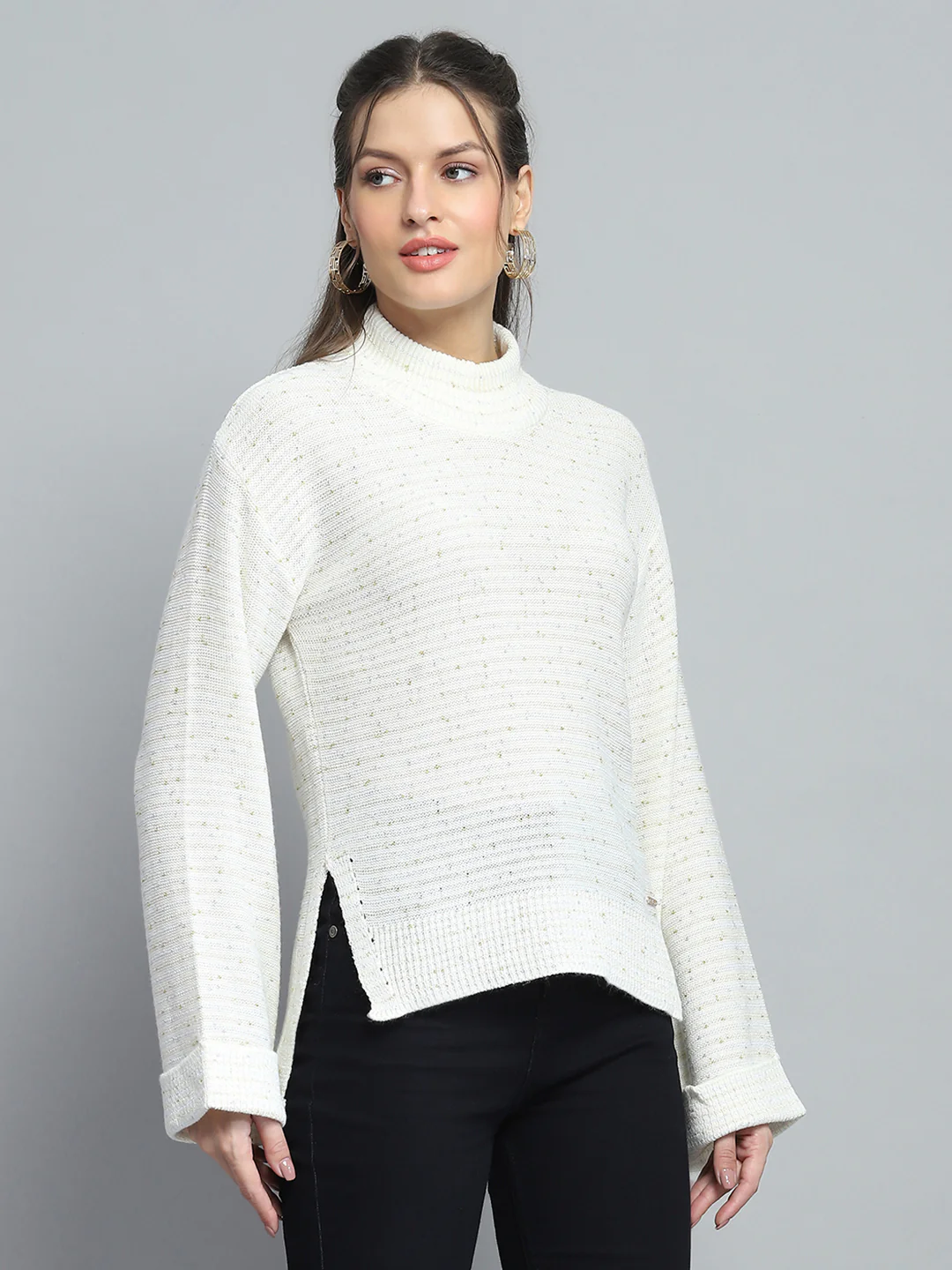 Women Off White Solid Mock Neck Full Sleeve Winte Top - Image 4