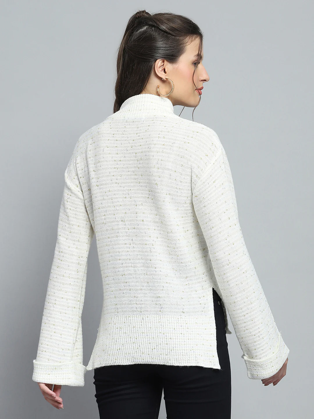 Women Off White Solid Mock Neck Full Sleeve Winte Top - Image 5