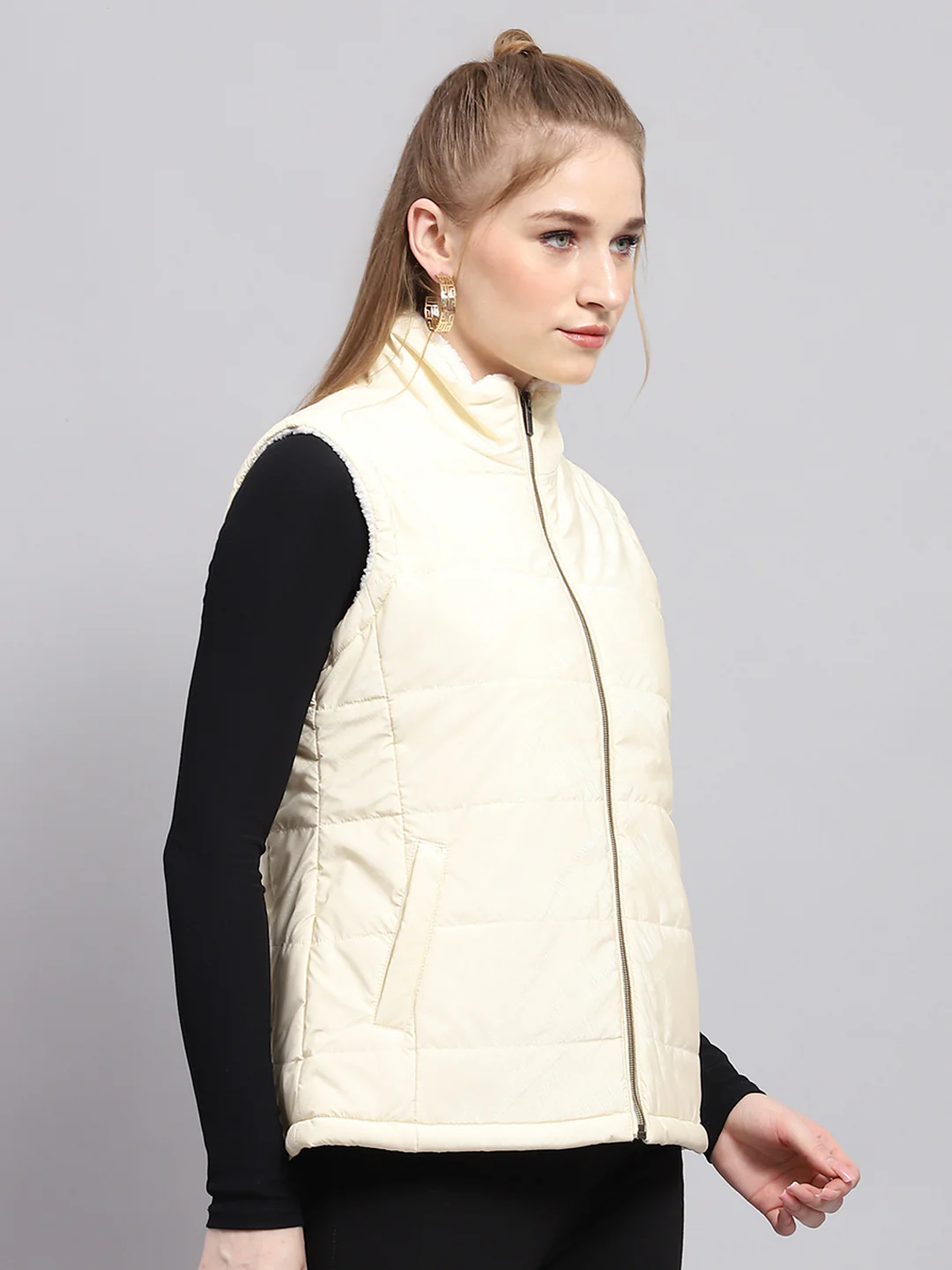 Women Off White Solid Mock Neck Sleeveless Jacket - Image 4