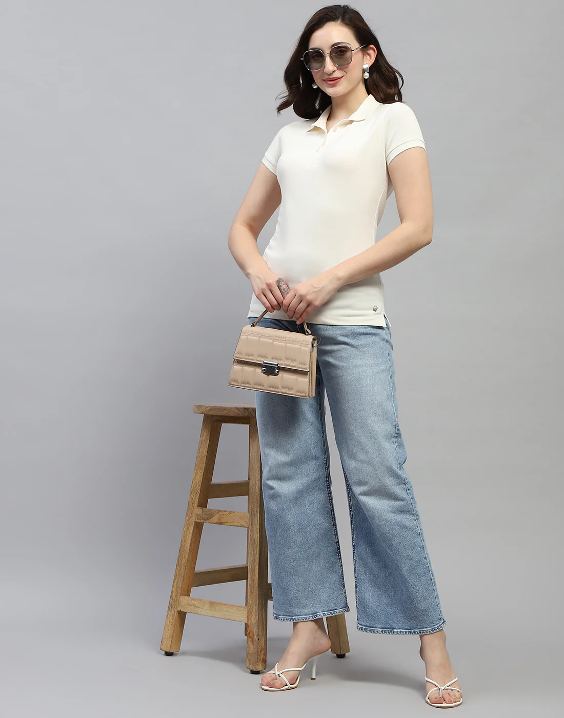 Women Off White Solid Polo Collar Half Sleeve T Shirt - Image 2