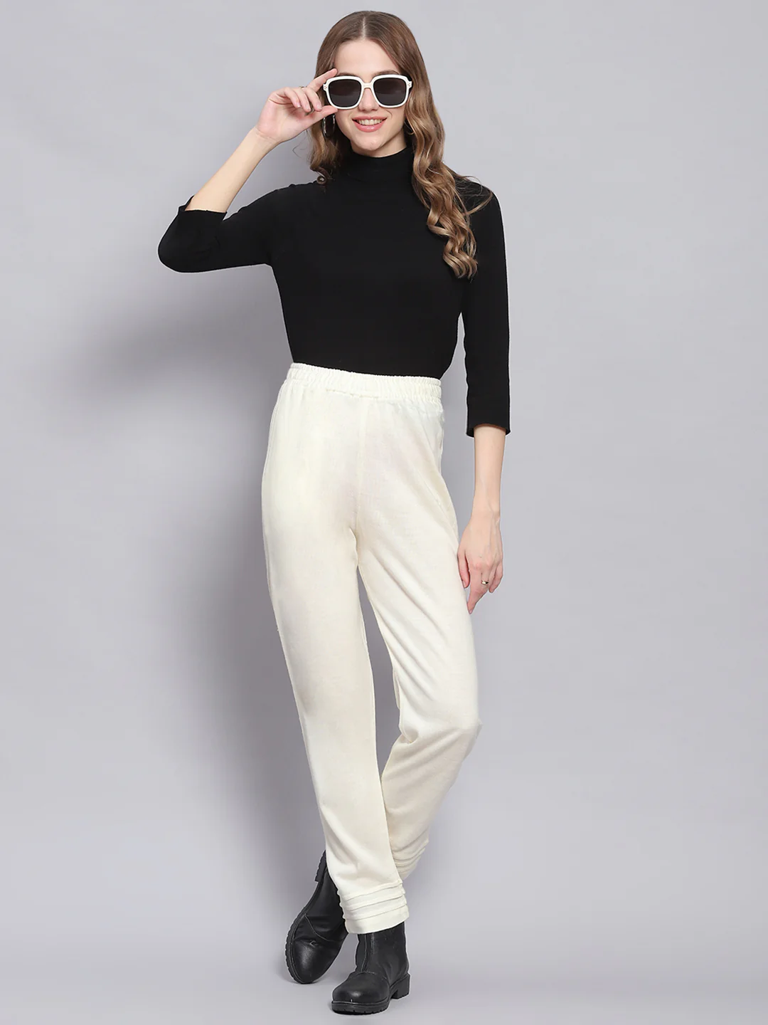 Women Off White Solid Regular Fit Winter Lowers - Image 2