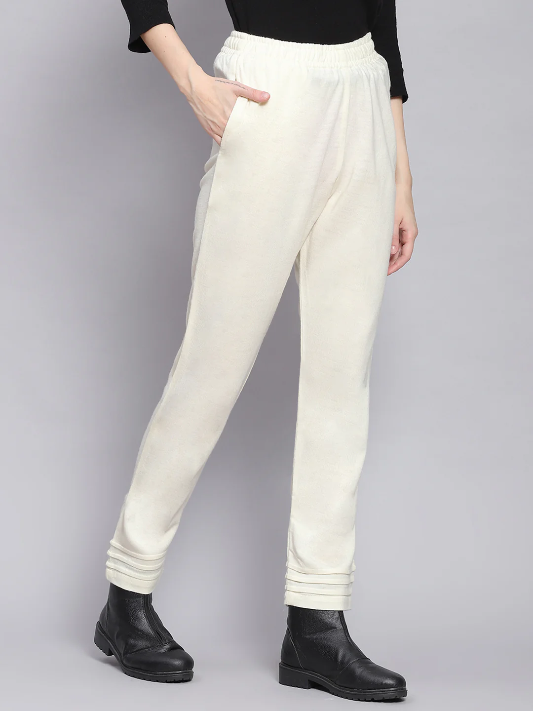 Women Off White Solid Regular Fit Winter Lowers - Image 4