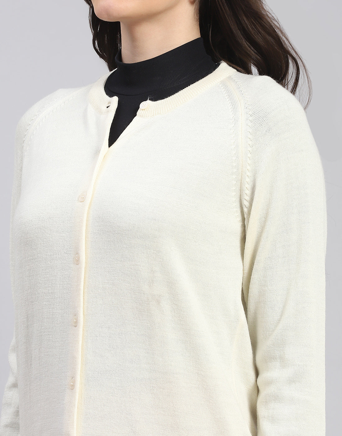 Women Off White Solid Round Neck Full Sleeve Cardigan - Image 6