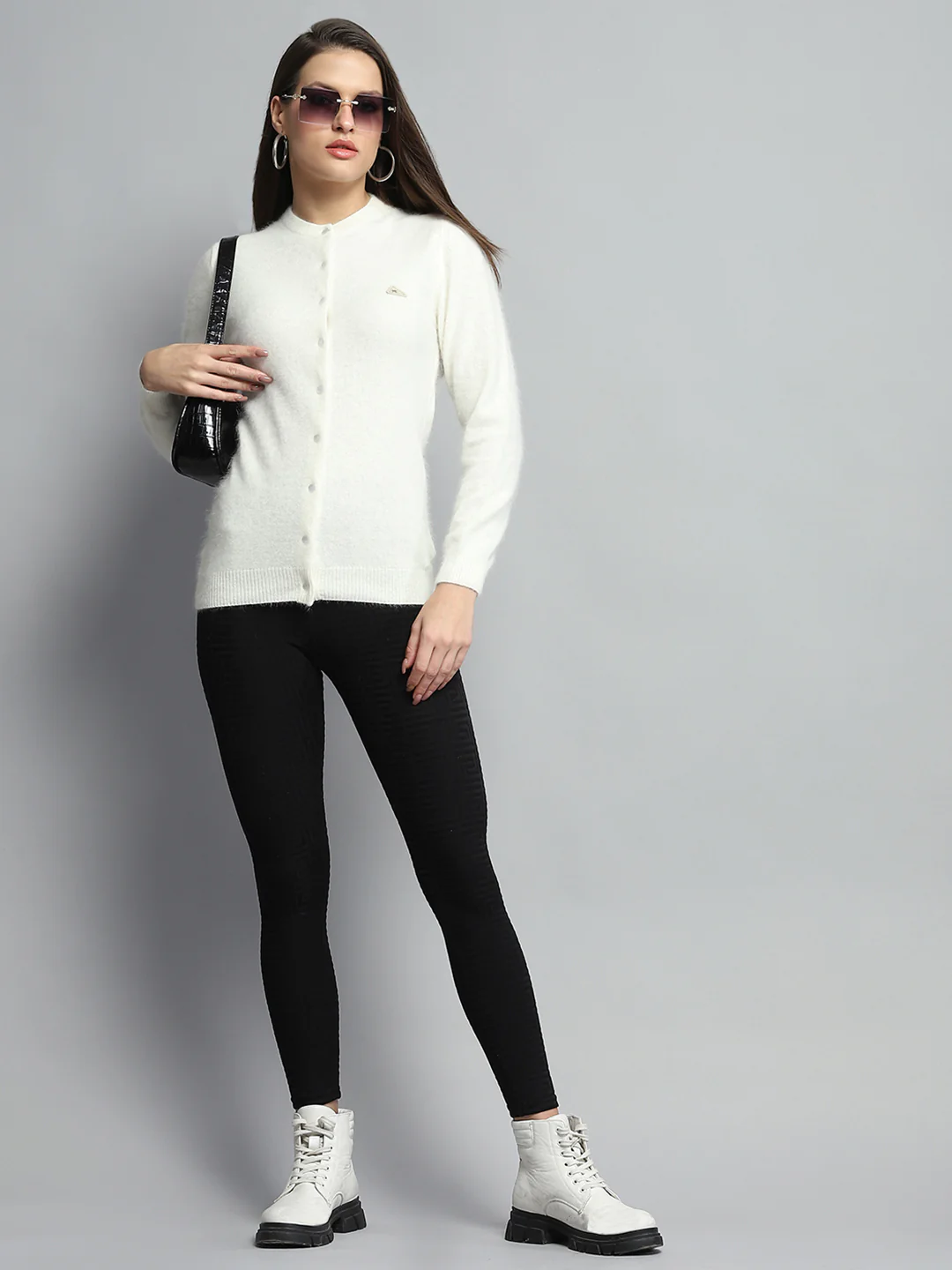 Women Off White Solid Round Neck Full Sleeve Cardigan - Image 2