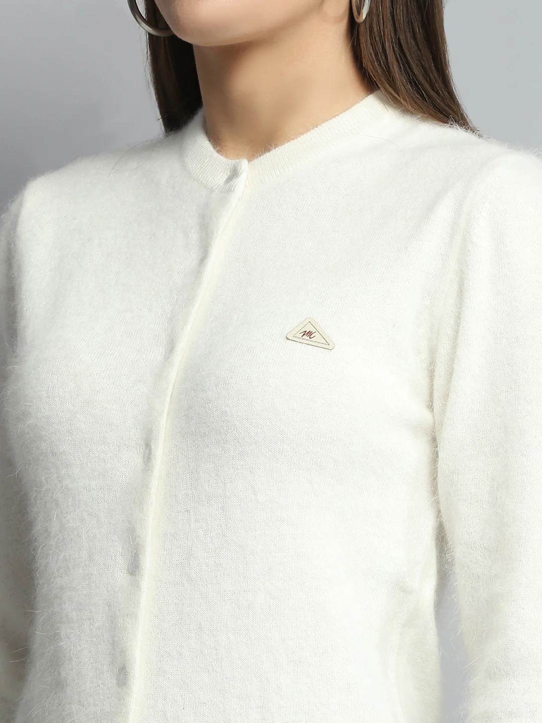 Women Off White Solid Round Neck Full Sleeve Cardigan - Image 6