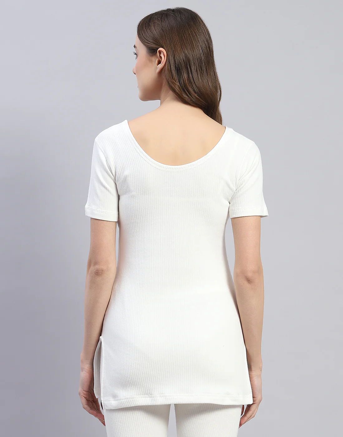 Women Off White Solid Round Neck Half Sleeve Thermal Vest - Image 5