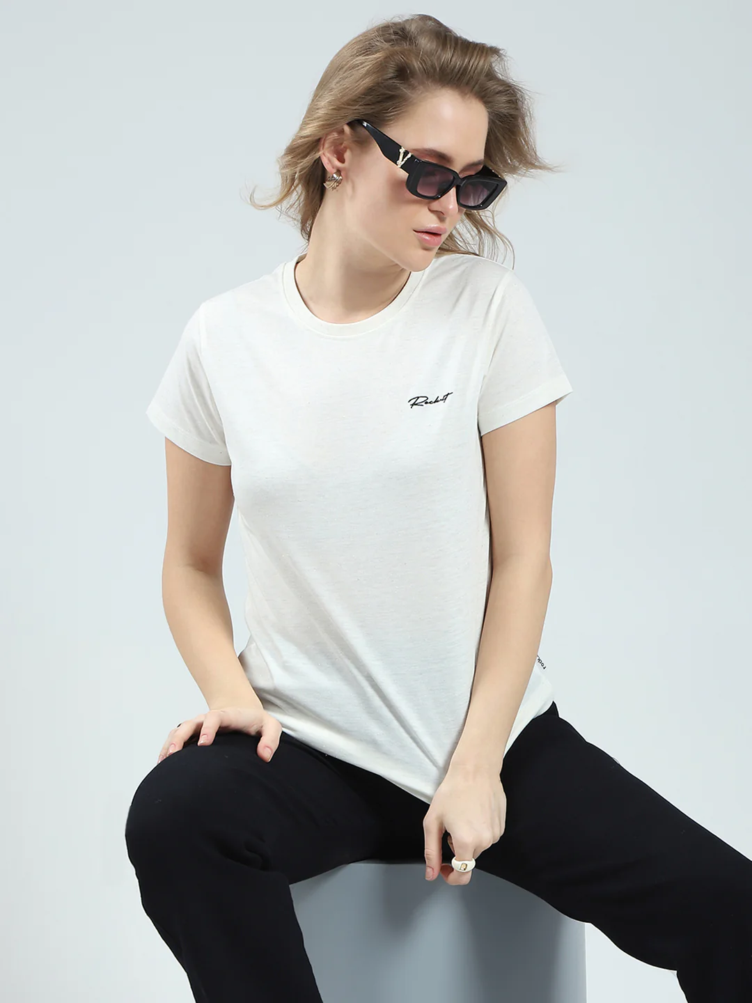 Rock.it Women Off White Solid Round Neck Half Sleeve Top - Image 6