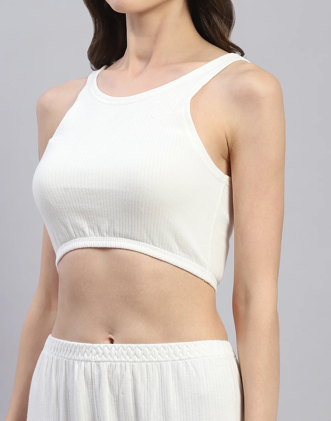 Women Off White Solid Round Neck Sleeveless Thermal Blouse - Image 6