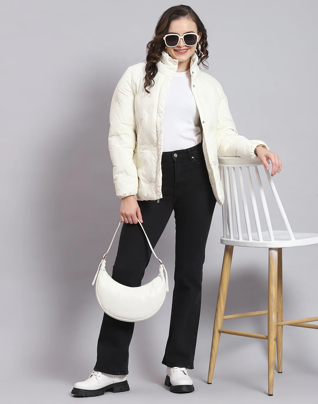 Women Off White Solid Stand Collar Full Sleeve Jacket - Image 3