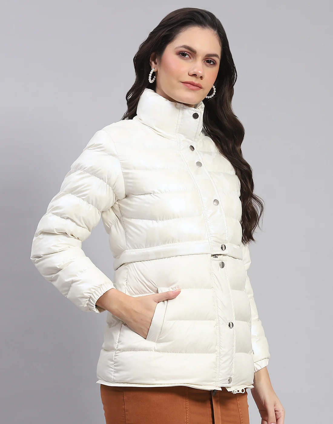Women Off White Solid Stand Collar Full Sleeve Jacket - Image 6