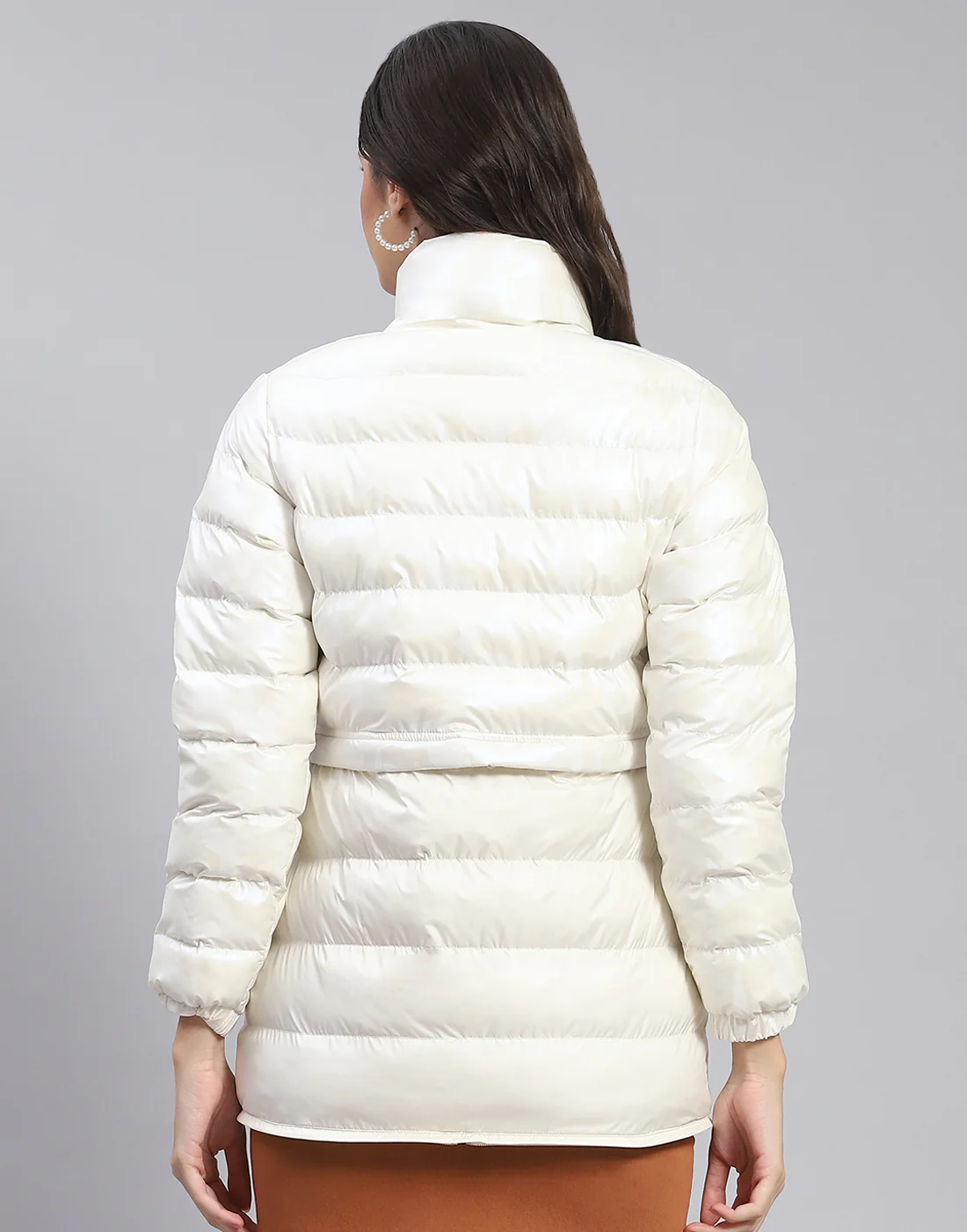 Women Off White Solid Stand Collar Full Sleeve Jacket - Image 7