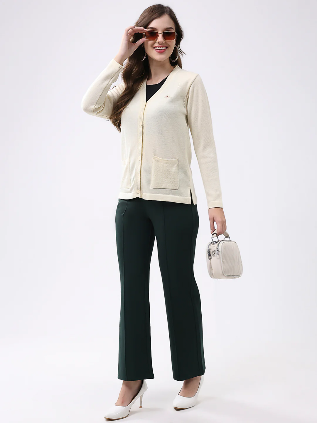 Women Off White Solid V Neck Full Sleeve Cardigan - Image 2
