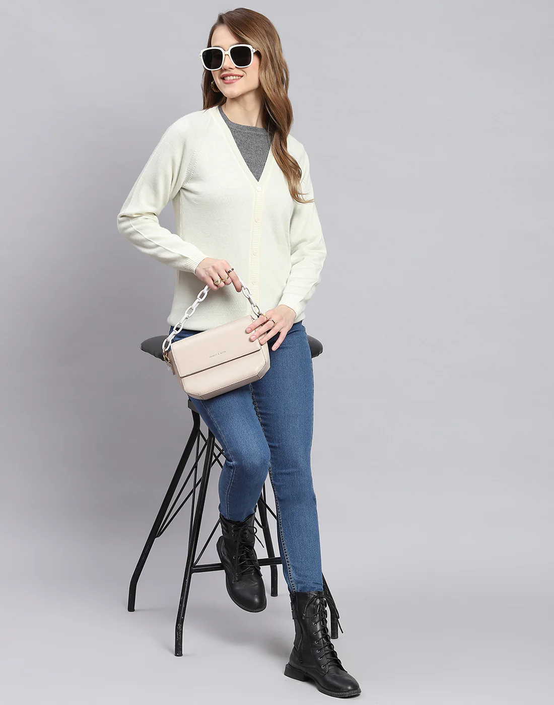 Women Off White Solid V Neck Full Sleeve Cardigans - Image 2