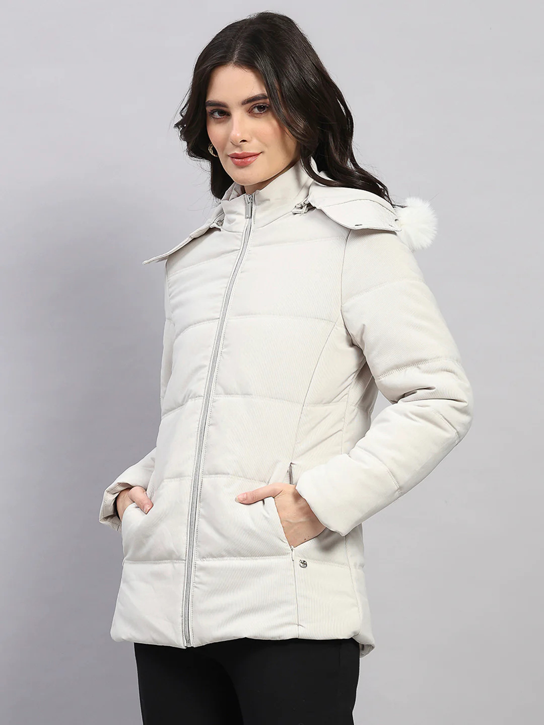 Women Off White Stripe Hooded Full Sleeve Jacket - Image 3