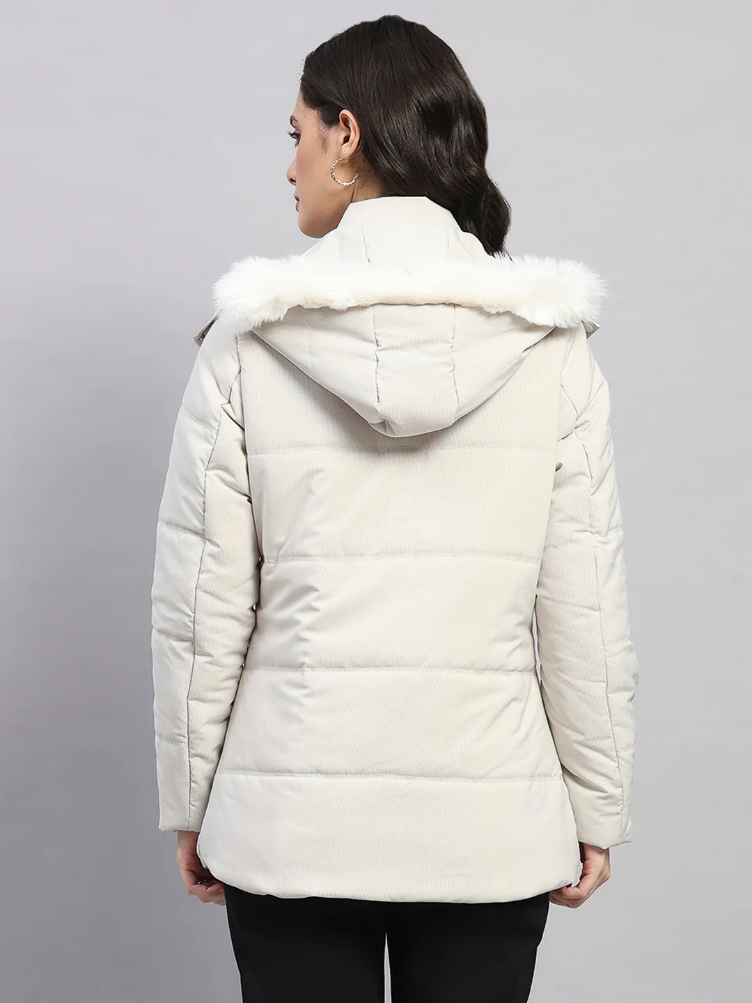 Women Off White Stripe Hooded Full Sleeve Jacket - Image 5