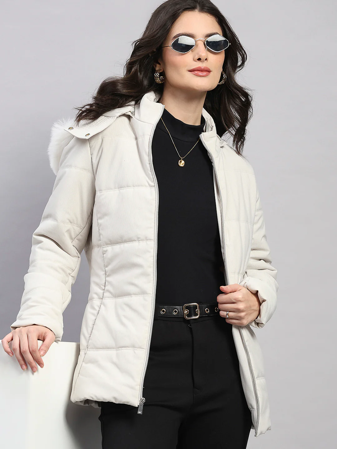 Women Off White Stripe Hooded Full Sleeve Jacket - Image 6