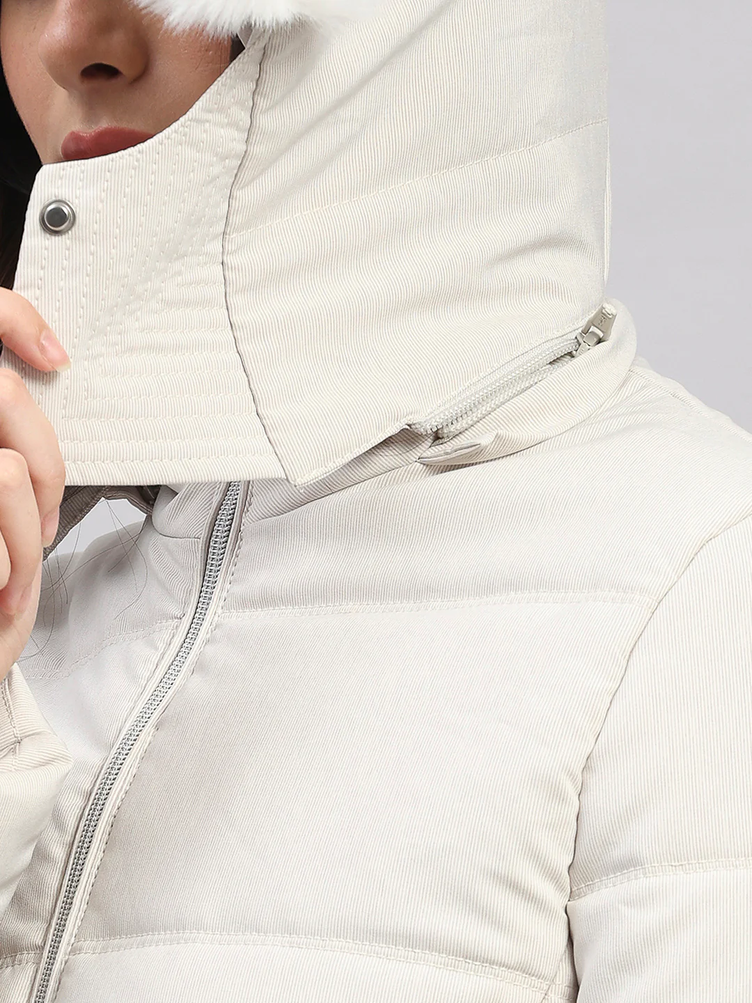 Women Off White Stripe Hooded Full Sleeve Jacket - Image 8